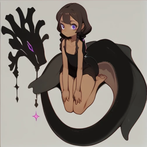 Long hair, dark brown hair, purple eyes, big breats, long black tail, brown skin, black dress.