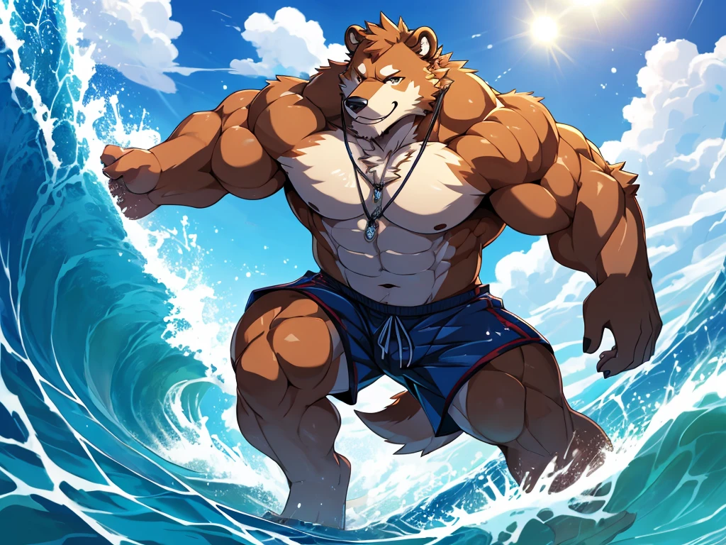 anime character there is a grizzly bear male, wearing black swim trunks, playing a surfing board on the water, surfing the ocean waves, the surfboard is at the foot, surfing, ocean waves, commission for high res, furry art!!!, sfw version, sfw, anthro art, fursona art, furry art, fursona furry art commission, very very beautiful furry art, high quality fanart, detailed fanart, fullbody commission for, brown fur, furry anime, tsunami behind him, official art, commission for, perfect anatomy, realistic anatomy, full body like, huge muscular body, good looking, anime style, 8k, 4k anime wallpaper, anime art wallpaper 8 k, 2 d art, 2d art, anime art wallpaper 4k, detail art