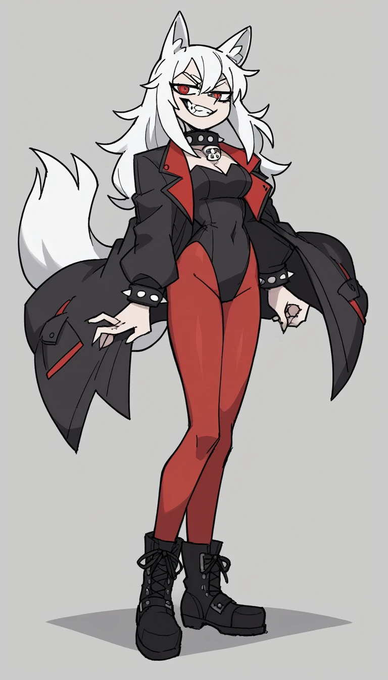 zPDXL, score_9, score_8_up, score_7_up, source_anime, 8k, absurdres, 1girl, solo,  vanitaker, white hair, long hair, white Fox ears, white Fox tail, red pantyhose, black jacket, black leotard, black boots, leotard under jacket, red eyes, fangs teeth, gray background, standing, half-closed eyes, smug smile, looking at the viewer, spiked wristband, spiked collar, anthropomorphic wolf (white wolf)
