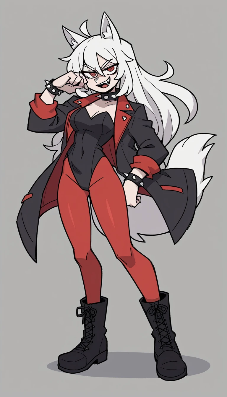 zPDXL, score_9, score_8_up, score_7_up, source_anime, 8k, absurdres, 1girl, solo, vanitaker, white hair, long hair, white Fox ears, white Fox tail, red pantyhose, black jacket, black leotard, black boots, leotard under jacket, red eyes, fangs teeth, gray background, standing, half-closed eyes, smug smile, looking at the viewer, spiked wristband, spiked collar, anthropomorphic wolf (white wolf)