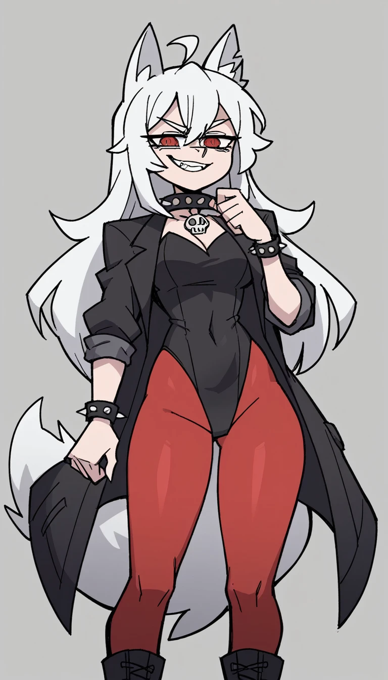 zPDXL, score_9, score_8_up, score_7_up, source_anime, 8k, absurdres, 1girl, solo, vanitaker, white hair, long hair, white Fox ears, white Fox tail, red pantyhose, black jacket, black leotard, black boots, leotard under jacket, red eyes, fangs teeth, gray background, standing, half-closed eyes, smug smile, looking at the viewer, spiked wristband, spiked collar, anthropomorphic wolf (white wolf)
