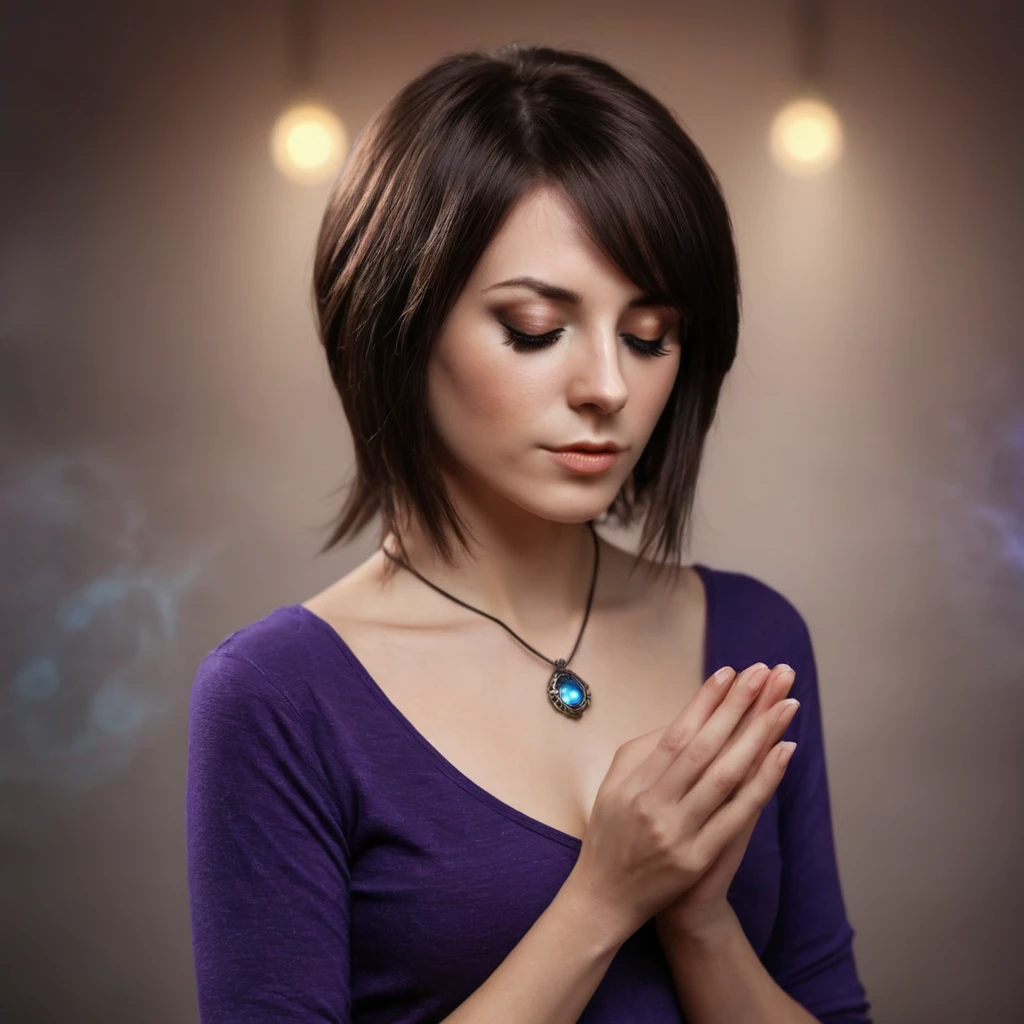 realistic shadows, depth of field, bokeh,1 girl, adult elf woman, amber eyes, dark brown wedge-cut hair, solo, front, front view, full body, (closed eyes:1,1), detailed background, detailed face , illusionist, psychic powers, Awareness, mind control, hypnosis, magic, psychomancy, clairvoyance, enchanting, aura, Mind portal, Mind energy, Emission of magical blue psychic energy, levitation, Background magic, spiritual atmosphere,
photorealistic, 64k, ultrarealistic, Unreal Engine 5.