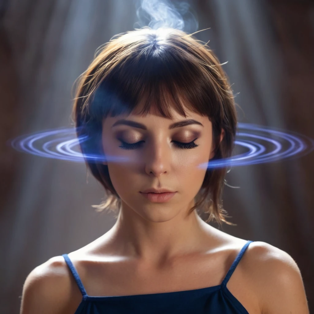 realistic shadows, depth of field, bokeh,1 girl, adult elf woman, amber eyes, dark brown wedge-cut hair, solo, front, front view, full body, (closed eyes:1,1), detailed background, detailed face , illusionist, psychic powers, Awareness, mind control, hypnosis, magic, psychomancy, clairvoyance, enchanting, aura, Mind portal, Mind energy, Emission of magical blue psychic energy, levitation, Background magic, spiritual atmosphere,
photorealistic, 64k, ultrarealistic, Unreal Engine 5.