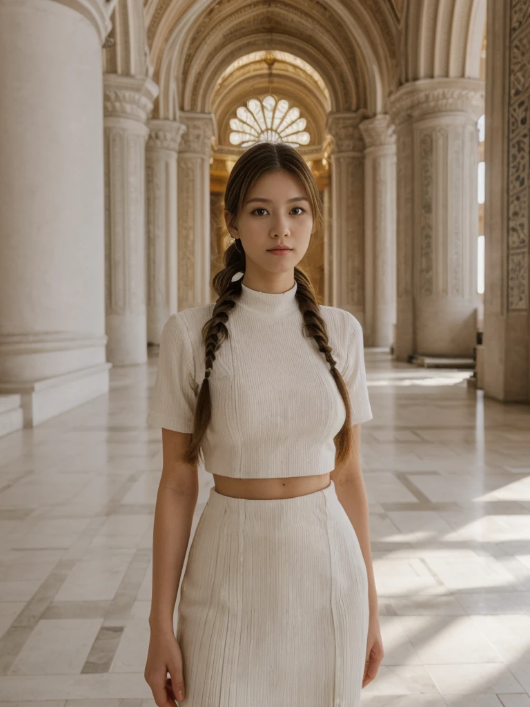 her name is Asako, high quality, 1girl, ((20-year-old fit Caucasian woman)), ((20 years old)), ((slim)), ((Fishtail Braid hair)), pose: standing, wearing aesthetic Generation-Z modern wear different colored, BACKGROUND: "In the Hagia Sophia, under its soaring dome and surrounded by intricate mosaics."