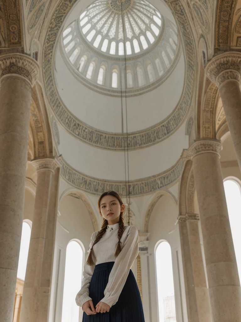 her name is Asako, high quality, 1girl, ((20-year-old fit Caucasian woman)), ((20 years old)), ((slim)), ((Fishtail Braid hair)), pose: standing, wearing aesthetic Generation-Z modern wear different colored, BACKGROUND: "In the Hagia Sophia, under its soaring dome and surrounded by intricate mosaics."