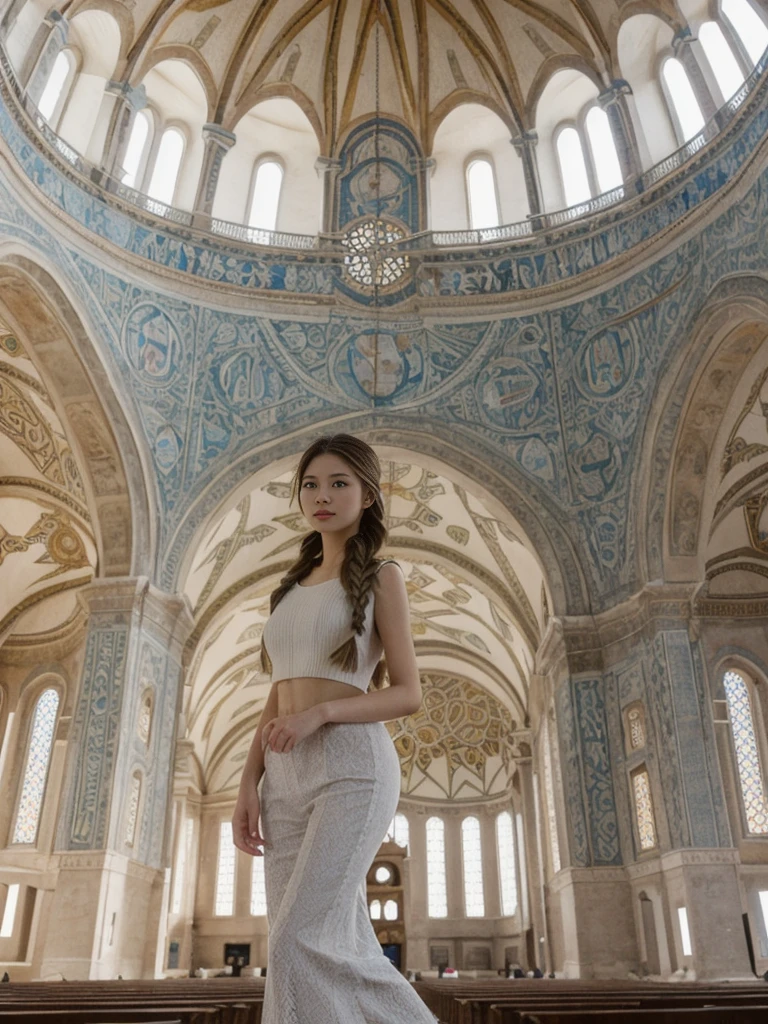 her name is Asako, high quality, 1girl, ((20-year-old fit Caucasian woman)), ((20 years old)), ((slim)), ((Fishtail Braid hair)), pose: standing, wearing aesthetic Generation-Z modern wear different colored, BACKGROUND: "In the Hagia Sophia, under its soaring dome and surrounded by intricate mosaics."