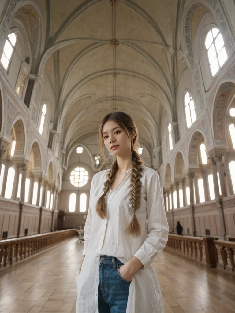 her name is Asako, high quality, 1girl, ((20-year-old fit Caucasian woman)), ((20 years old)), ((slim)), ((Fishtail Braid hair)), pose: standing, wearing aesthetic Generation-Z modern wear different colored, BACKGROUND: "In the Hagia Sophia, under its soaring dome and surrounded by intricate mosaics."