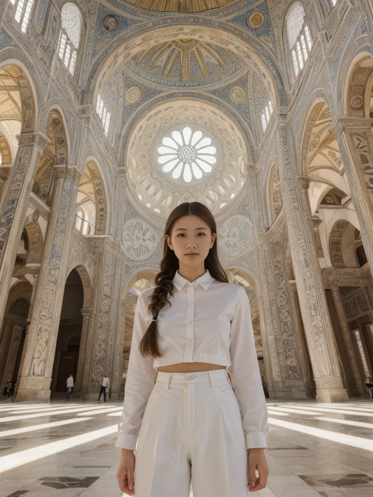 her name is Asako, high quality, 1girl, ((20-year-old fit Caucasian woman)), ((20 years old)), ((slim)), ((Fishtail Braid hair)), pose: standing, wearing aesthetic Generation-Z modern wear different colored, BACKGROUND: "In the Hagia Sophia, under its soaring dome and surrounded by intricate mosaics."