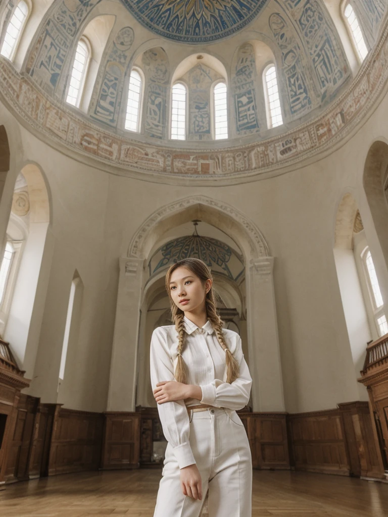 her name is Asako, high quality, 1girl, ((20-year-old fit Caucasian woman)), ((20 years old)), ((slim)), ((Fishtail Braid hair)), pose: standing, wearing aesthetic Generation-Z modern wear different colored, BACKGROUND: "In the Hagia Sophia, under its soaring dome and surrounded by intricate mosaics."
