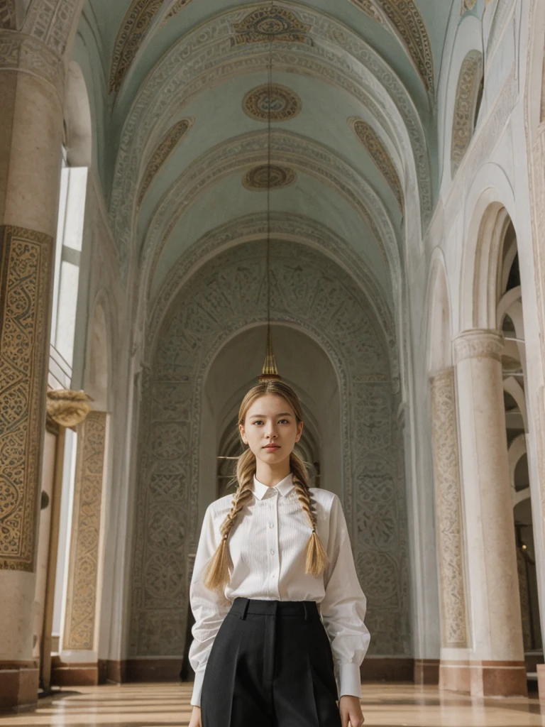 her name is Asako, high quality, 1girl, ((20-year-old fit Caucasian woman)), ((20 years old)), ((slim)), ((Fishtail Braid hair)), pose: standing, wearing aesthetic Generation-Z modern wear different colored, BACKGROUND: "In the Hagia Sophia, under its soaring dome and surrounded by intricate mosaics."