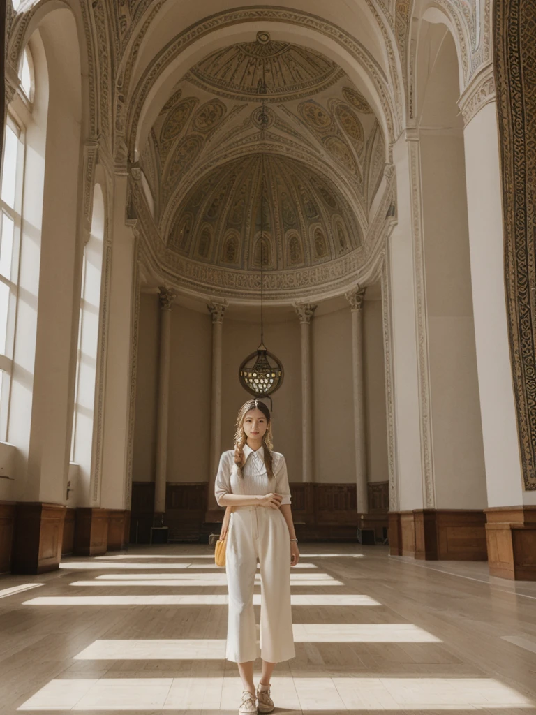 her name is Asako, high quality, 1girl, ((20-year-old fit Caucasian woman)), ((20 years old)), ((slim)), ((Fishtail Braid hair)), pose: standing, wearing aesthetic Generation-Z modern wear different colored, BACKGROUND: "In the Hagia Sophia, under its soaring dome and surrounded by intricate mosaics."
