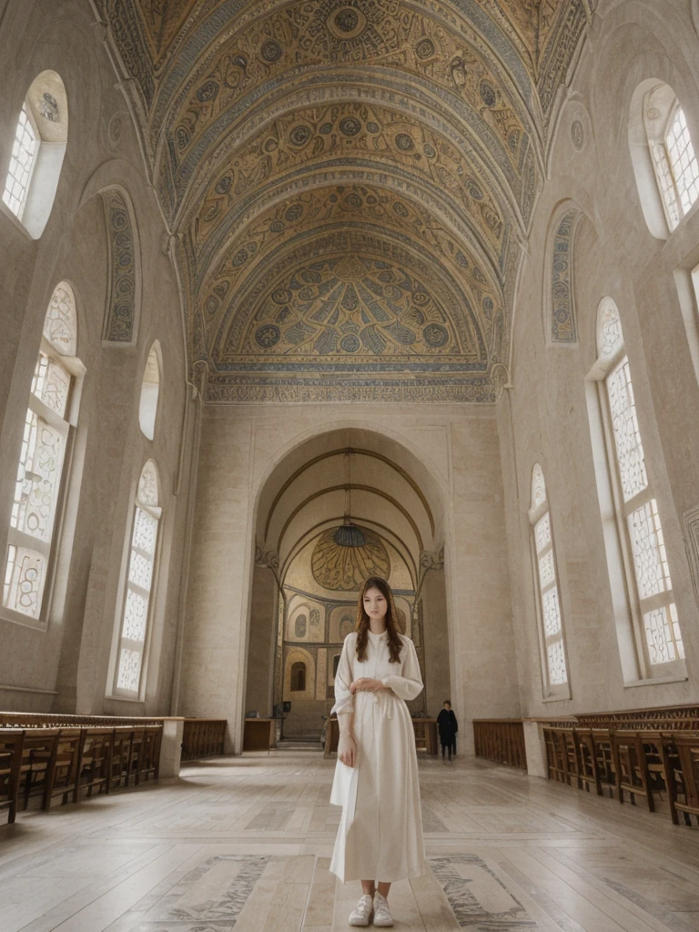 her name is Asako, high quality, 1girl, ((20-year-old fit Caucasian woman)), ((20 years old)), ((slim)), ((Fishtail Braid hair)), pose: standing, wearing aesthetic Generation-Z modern wear different colored, BACKGROUND: "In the Hagia Sophia, under its soaring dome and surrounded by intricate mosaics."
