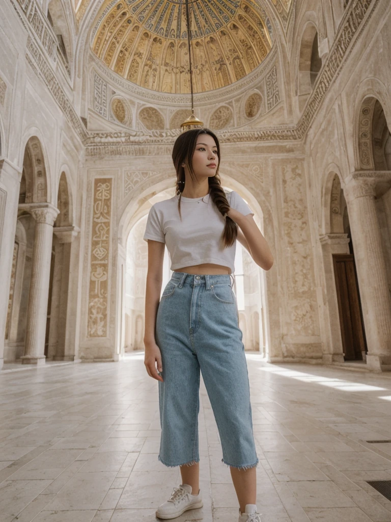 her name is Asako, high quality, 1girl, ((20-year-old fit Caucasian woman)), ((20 years old)), ((slim)), ((Fishtail Braid hair)), pose: standing, wearing aesthetic Generation-Z modern wear different colored, BACKGROUND: "In the Hagia Sophia, under its soaring dome and surrounded by intricate mosaics."