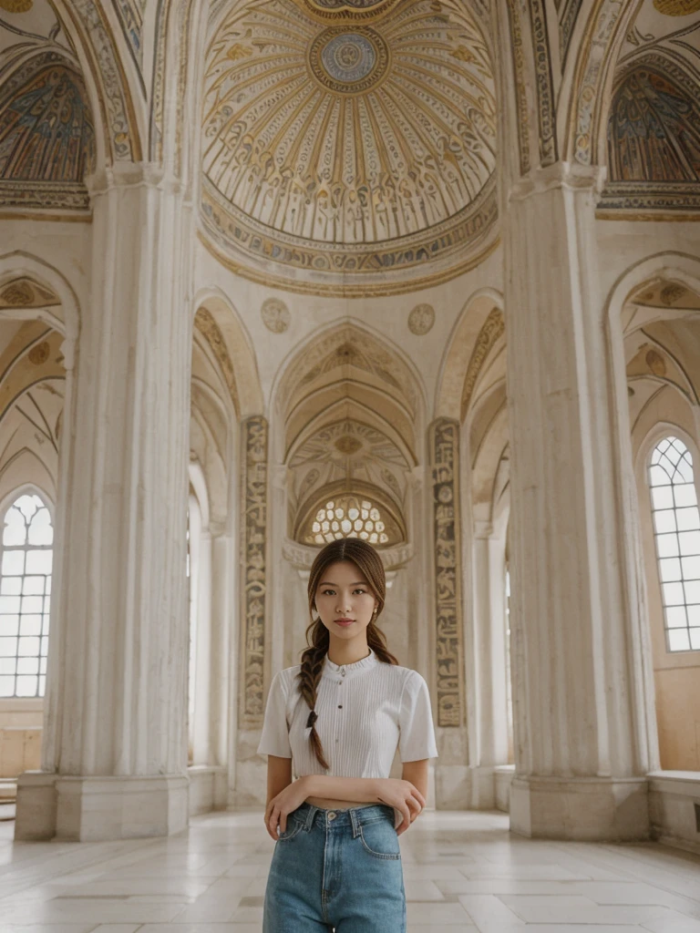 her name is Asako, high quality, 1girl, ((20-year-old fit Caucasian woman)), ((20 years old)), ((slim)), ((Fishtail Braid hair)), pose: standing, wearing aesthetic Generation-Z modern wear different colored, BACKGROUND: "In the Hagia Sophia, under its soaring dome and surrounded by intricate mosaics."