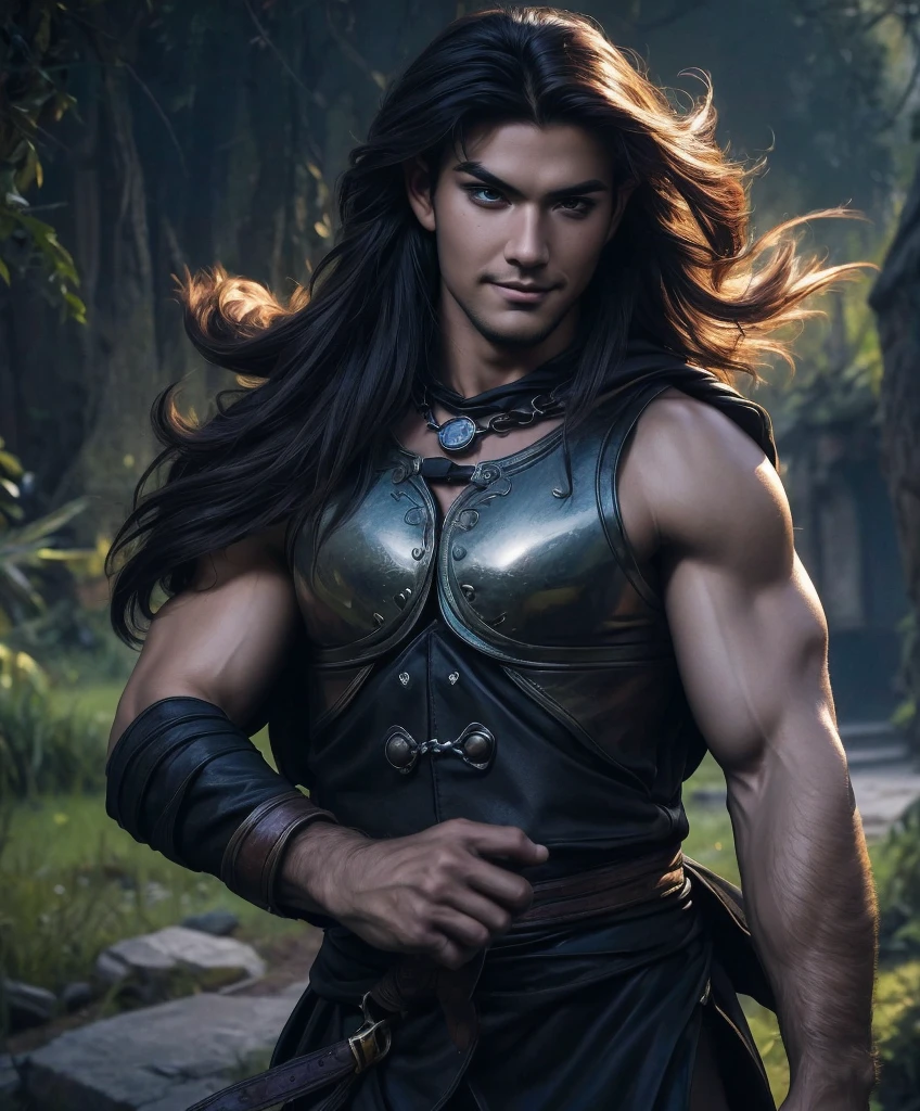 (((Luxurious shoulder-length dark hair, dark complexion, and sexy smirk.))) (((18 years old.))) (((18yo.))) (((Cute smirk.))) (((Single character image.))) (((1boy))) (((18 years old.))) (((18yo.))) (((Dressed in medieval fantasy attire.))) Cute guy. Hot guy. (((Looks like Adonis.))) (((Dressed in medieval fantasy attire.))) (((Intense, sexy stare.))) (((Beautiful long sexy hair.))) (((Looks like a sexy, dashing, handsome adventurer for a fantasy setting.))) Looks like a fun-loving and heroic male adventurer for Dungeons & Dragons. Looks like a very attractive male adventurer for a high fantasy setting.Looks like a handsome and rugged male adventurer for Dungeons & Dragons. Looks like a handsome male for a medieval fantasy setting. Looks like a Dungeons & Dragons adventurer, very cool and masculine hair style, black clothing, handsome, charming smile, adventurer, athletic build, excellent physique, confident, gorgeous face, gorgeous body, detailed and intricate, fantasy setting,fantasy art, dungeons & dragons, fantasy adventurer, fantasy NPC, attractive male in his mid 20's, ultra detailed, epic masterpiece, ultra detailed, intricate details, digital art, unreal engine, 8k, ultra HD, centered image award winning, fantasy art concept, digital art, centered image, flirting with viewer, best quality:1.0,hyperealistic:1.0,photorealistic:1.0,madly detailed CG unity 8k wallpaper:1.0,masterpiece:1.3,madly detailed photo:1.2, hyper-realistic lifelike texture:1.4, picture-perfect:1.0,8k, HQ,best quality:1.0,