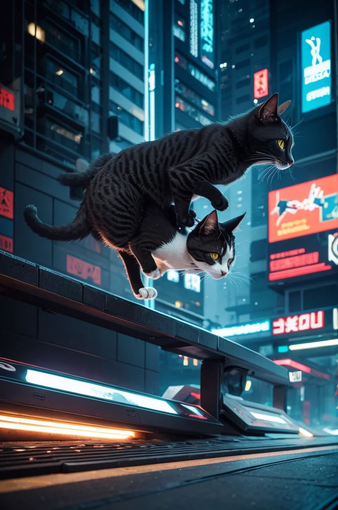 Cyberpunk cat jumping roof