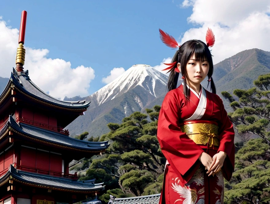 Japanese female Tengu（1 person）、Large Breastuscular、In front of a temple deep in the mountains、Gold feather、Real、photograph、4K