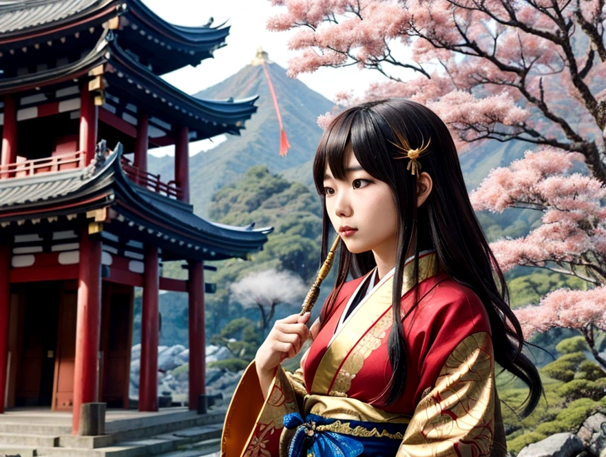 Japanese female Tengu(1 person)、Large Breastuscular、In front of a temple deep in the mountains、Gold feather、Real、photograph、4K