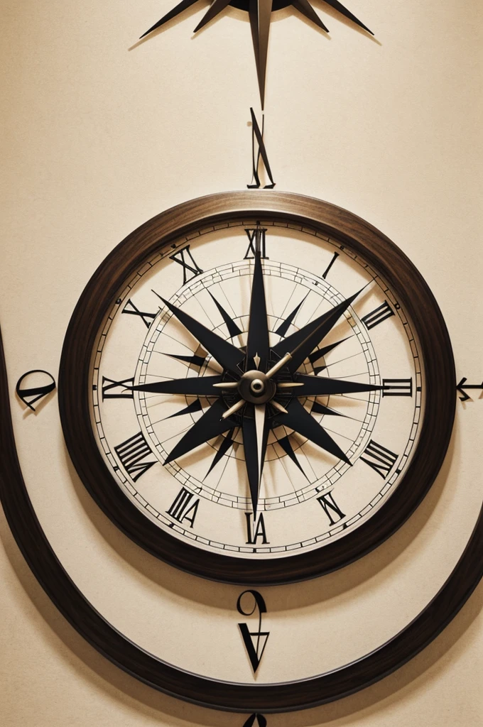 In the middle, a half clock without hands with Roman numerals overlaid with the infinity symbol, representing the relativity of time and eternal continuity. On each side of the clock, a compass completes the circle, symbolizing orientation in life. Framing all this, Simple and elegant geometric figures intertwine to complement the composition and add a modern touch.