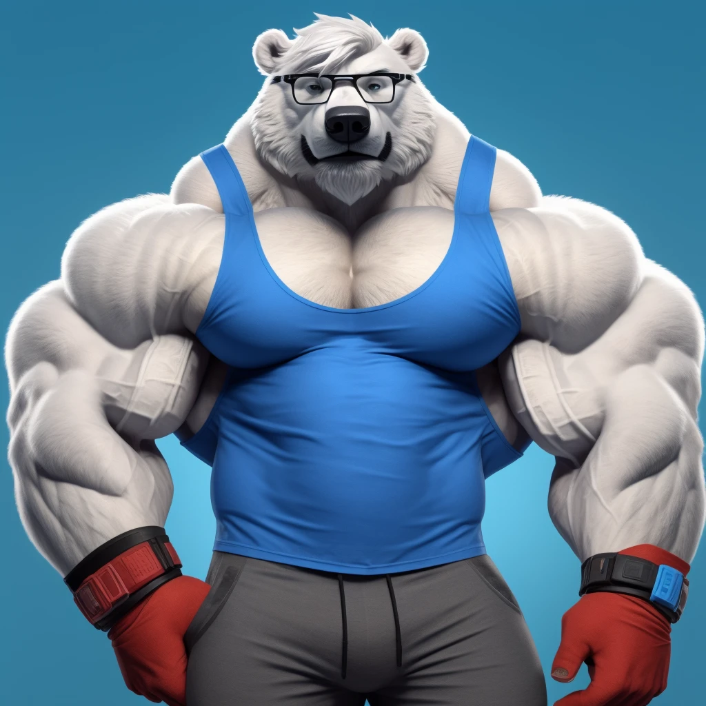 solo, 1boy, Huge Muscular White Polar Bear wearing glasses, huge white fur, pectoral, huge pectoral, wide pectoral, short white hair, blue colored short pants, blue colored wristbands and blue colored tank top, white bearded, white Mustache, white fur, simple background, masterpiece, high detailed, 8k, high resolution, at the gym, flexes huge muscles