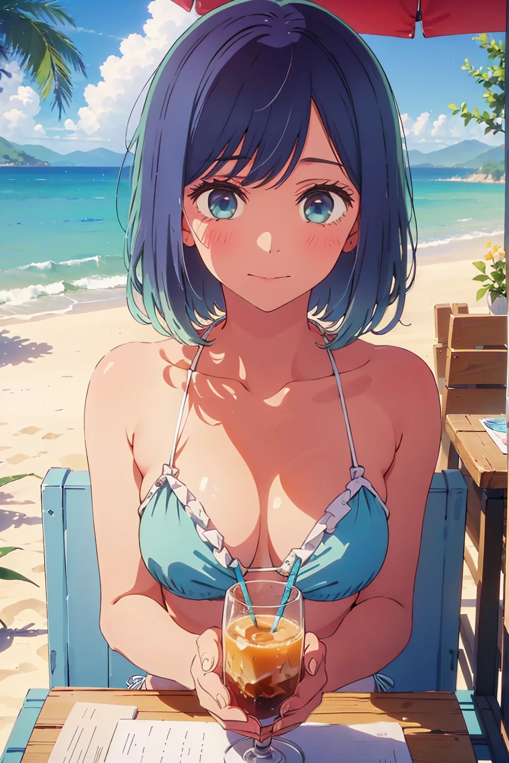 (Highest quality:1.4、masterpiece:1.4、Super detailed:1.4、8K:1.4)、((((1 person、Surprised expression、sit、Outdoor café terrace、coastal、juice、table、Sandy Beach、juiceのグラスを持つ、Plain Bikini、The depth of the written world、Very soft boobs、Big eyes、Very cute face))))、F cup bust、Medium breast