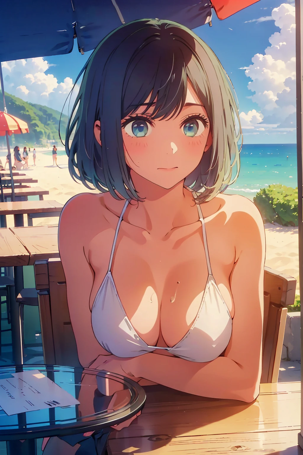 (Highest quality:1.4、masterpiece:1.4、Super detailed:1.4、8K:1.4)、((((1 person、Surprised expression、sit、Outdoor café terrace、coastal、juice、table、Sandy Beach、juiceのグラスを持つ、Plain Bikini、The depth of the written world、Very soft boobs、Big eyes、Very cute face))))、F cup bust、Medium breast、Underboob、Sideboob