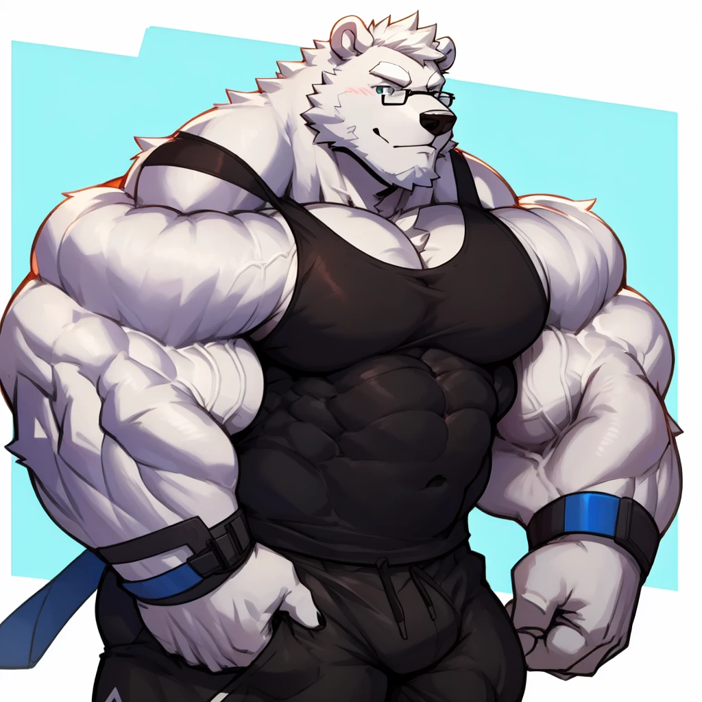 solo, 1boy, Huge Muscular White Polar Bear wearing glasses, huge white fur, pectoral, huge pectoral, wide pectoral, short white hair, blue colored short pants, blue colored wristbands and blue colored tank top, white bearded, white Mustache, white fur, simple background, masterpiece, high detailed, 8k, high resolution, at the gym, flexes huge muscles