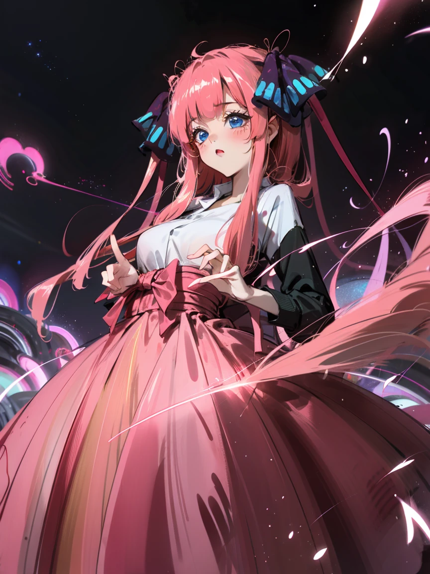 bioluminescent shiny glow, beautiful girl in flowing ballgown dress, galaxy style dress, galaxy glow, sparkling, ethereal, fluffy flowing pink hair, silky glistening iridescent pink hair,  nakano nino, hair ribbons, blue eyes, aanino