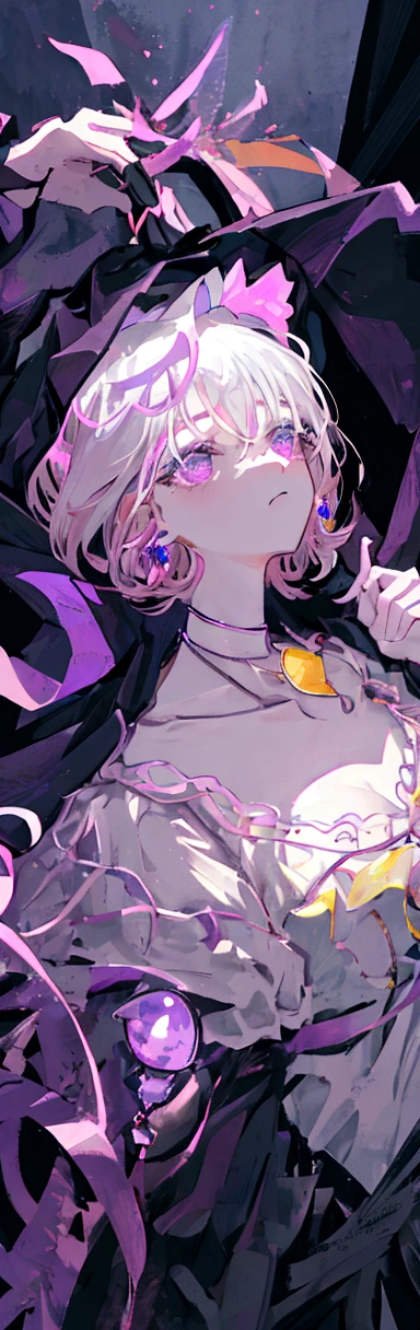 1. **Style and setting:** - The illustration must have a detailed and realistic anime style. - The setting must be dark, with predominantly purple and lilac tones, suggesting a nocturnal or dark interior atmosphere. 2. **Main character:** - **Face and expression:** - The character must have a young and feminine face, with a serene and slightly pensive expression. - Large and bright eyes, deep violet with luminous details. - Long and defined eyelashes. - Soft and well-defined lips, with a slight pink sheen. - **Hair:** - Deep purple hair, with lighter highlights to give depth and volume. - Hairstyle with soft curls and volume, partially gathered with a decorative clip. - The clip must have details in pastel colors, especially pink and yellow, with a delicate design. 3. **Accessories:** - **Glasses:** - Thin-framed, translucent glasses in lilac tones. - Large glasses that frame the character's eyes well. - **Jewelry:** - Long, elegant earrings with details in purple and silver tones. - Delicate necklace with a small pendant, with silver details and a touch of lilac. - Dark purple ribbon choker with a minimalist design. 4. **Clothing:** - **Top:** - Black blouse with lace details on the edges. - Moderate V-neckline, showing an additional necklace with a simpler design. - **Accessories:** - A light jacket or cape over the shoulders, also in dark tones, probably black or a very dark purple. - Additional details in the clothing should include small flashes or reflections that follow the predominant color scheme. 5. **Background:** - Dark background, but not completely black, with subtle gradients of purple and dark blue. - Add diffuse elements in the background to give depth, such as soft, diffused lights that suggest a dim room or interior space. - Include a thin frame around the illustration in a shade slightly lighter than the background, to highlight the main character.