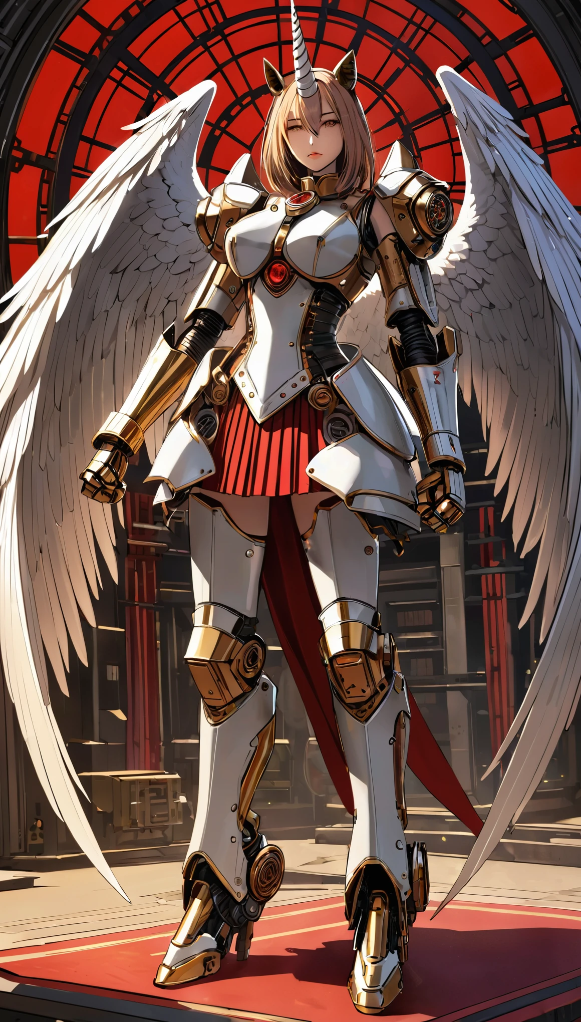 unicorn horn,metal spiral sharp corners,in style of Santiago Caruso,
huge mechanical angel wings,mechanical_halo,1 girl,mechanical wrist,mechanical skirt with pleated skirt,(huge makeover mechanical fists:1.5),
the fist flashed red,(bold,smooth,elegant,curvaceoous,precise:1.2)