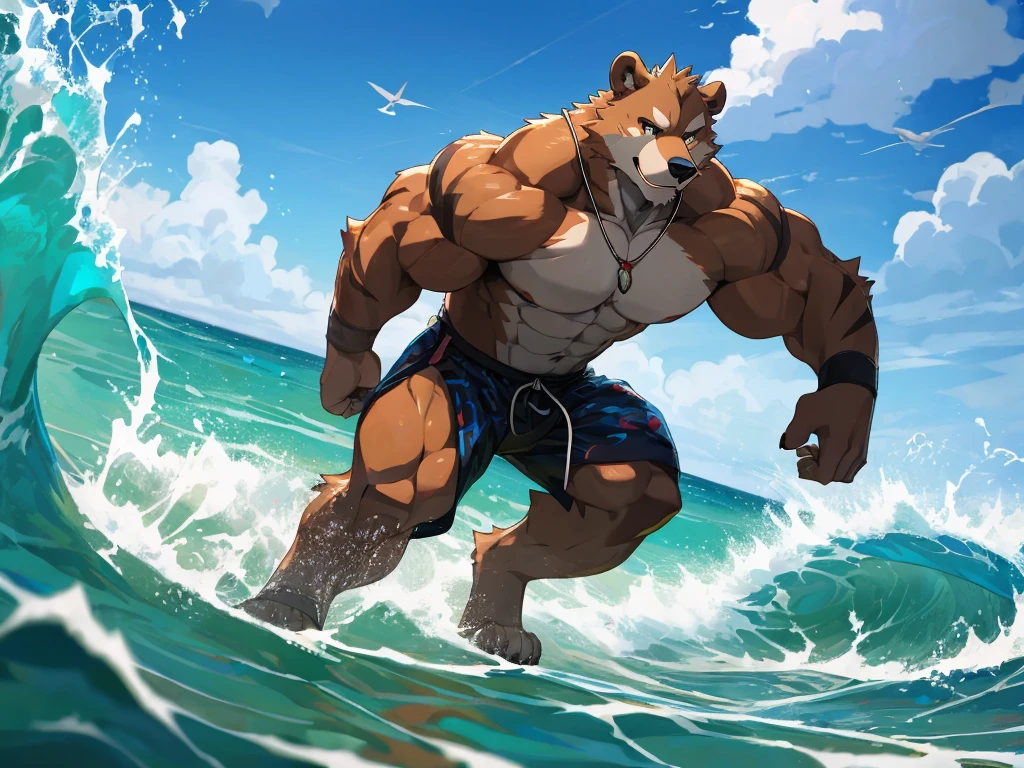 anime character there is a grizzly bear male, wearing black swim trunks, playing a surfing board on the water, surfing the ocean waves, the surfboard is at the foot, surfing, ocean waves, commission for high res, furry art!!!, sfw version, sfw, anthro art, fursona art, furry art, fursona furry art commission, very very beautiful furry art, high quality fanart, detailed fanart, fullbody commission for, brown fur, furry anime, tsunami behind him, official art, commission for, perfect anatomy, realistic anatomy, full body like, huge muscular body, good looking, anime style, 8k, 4k anime wallpaper, anime art wallpaper 8 k, 2 d art, 2d art, anime art wallpaper 4k, detail art