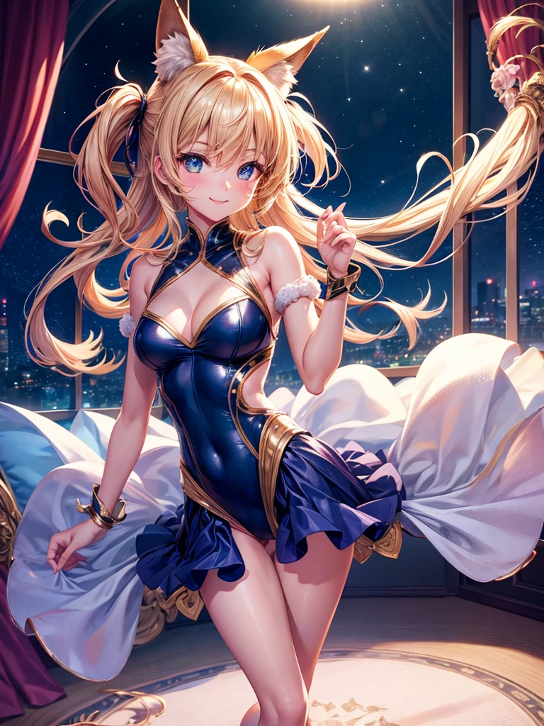 Highest quality,Highest Resolution,Smiling beautiful girl in fox leotard,High leg,Very beautiful eyes,Standing posture,front,Bedroom,Night view outside the window,