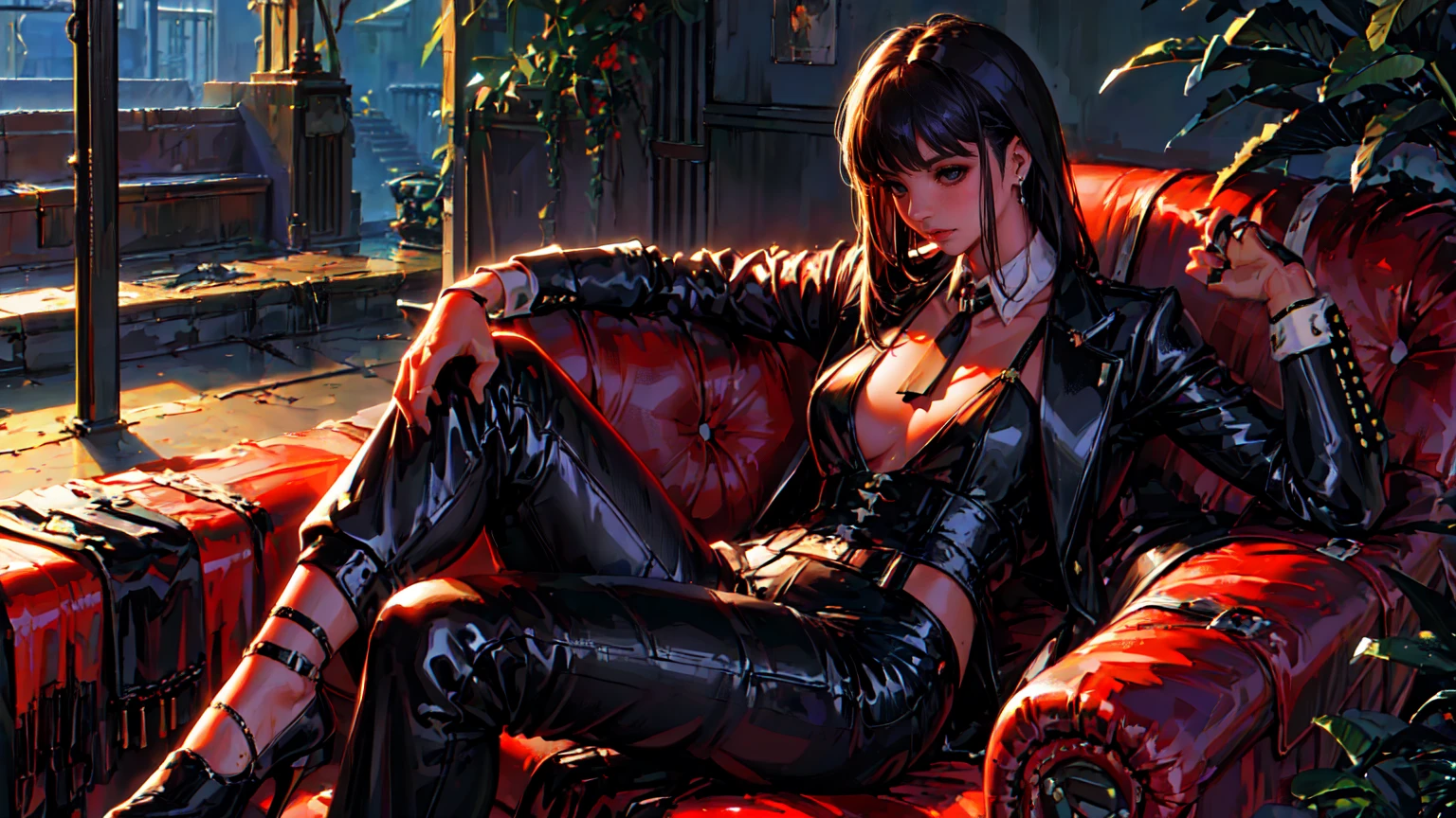 (Masterpiece, Best Quality, Ultra High Resolution , Digital Art,Beautiful and Aesthetic ) . ( One Fashionable adult girl with a short oblique bob, slender figure, expressive and dominating look ) in modern men's suit in youth style , matte black color , lovely thin white but long tie , (silk thick threads of red color connect the necklines on the sides of the whole suit) , . The character sits on a large massive sofa with lots of leather and metal patterns on it in vintage style , an interesting and atmospheric pose that characterizes the character , .
