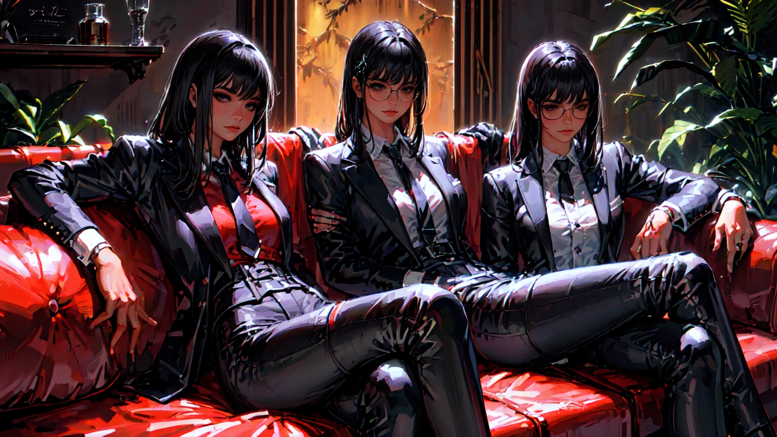 (Masterpiece, Best Quality, Ultra High Resolution , Digital Art,Beautiful and Aesthetic ) One Fancy woman in modern men's suit in youth style , matte black color , lovely thin white but long tie , (silk thick threads of red color connect the necklines on the sides of the whole suit) , . The character sits on a large massive sofa with lots of leather and metal patterns on it in vintage style , an interesting and atmospheric pose that characterizes the character , . 