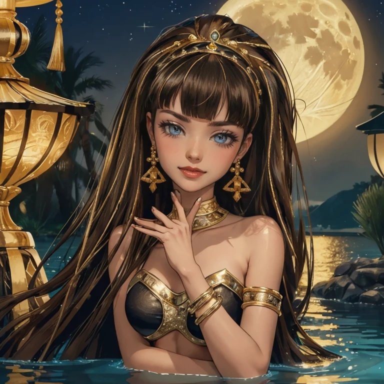 ((high quality)), ((Work of art)), (more detail), 1girl, centered, award winning upper body portrait, cowboy shot, solo, brown hair, long hair, wave hair, Egyptian aesthetic, smiling, Egypt style, gold lanterns, Cleo de Nilo_(monster high), Monster High, looking at the viewer, masterpiece, best quality, detailed face, night, lake scene, seat on the water, black swim suit, frills, gold details on her clothes, waterfall, white flowers on focus, full moon, night, flowing hair, crystals, sparkles, oasis, lake scenery