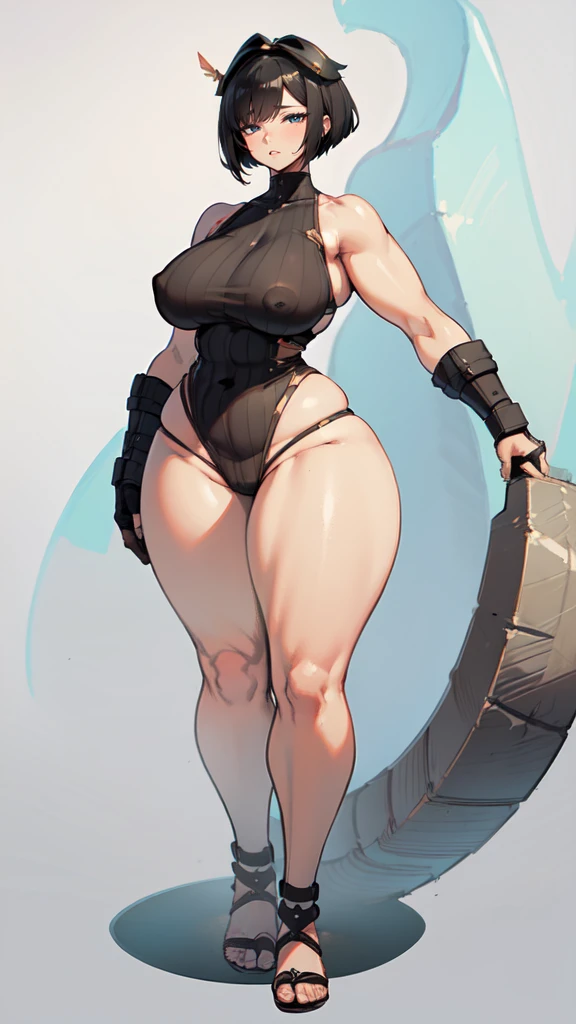 (masterpiece), best quality, female warrior, huge girl, female muscular:1.2, (curvy:1.9), (thick thighs:1.4)(((blank background))), ((full body)), fingerless gloves, sandals, shoulder armor, covered nipples, ((buzzcut hairstyle)), black hair, hair over eyes, ((very big legs:1.4)), side ,