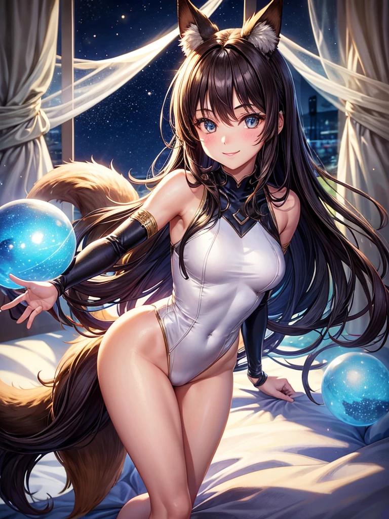 Highest quality,Highest Resolution,Smiling beautiful girl in fox leotard,High leg,Very beautiful eyes,Standing posture,front,Bedroom,Night view outside the window,