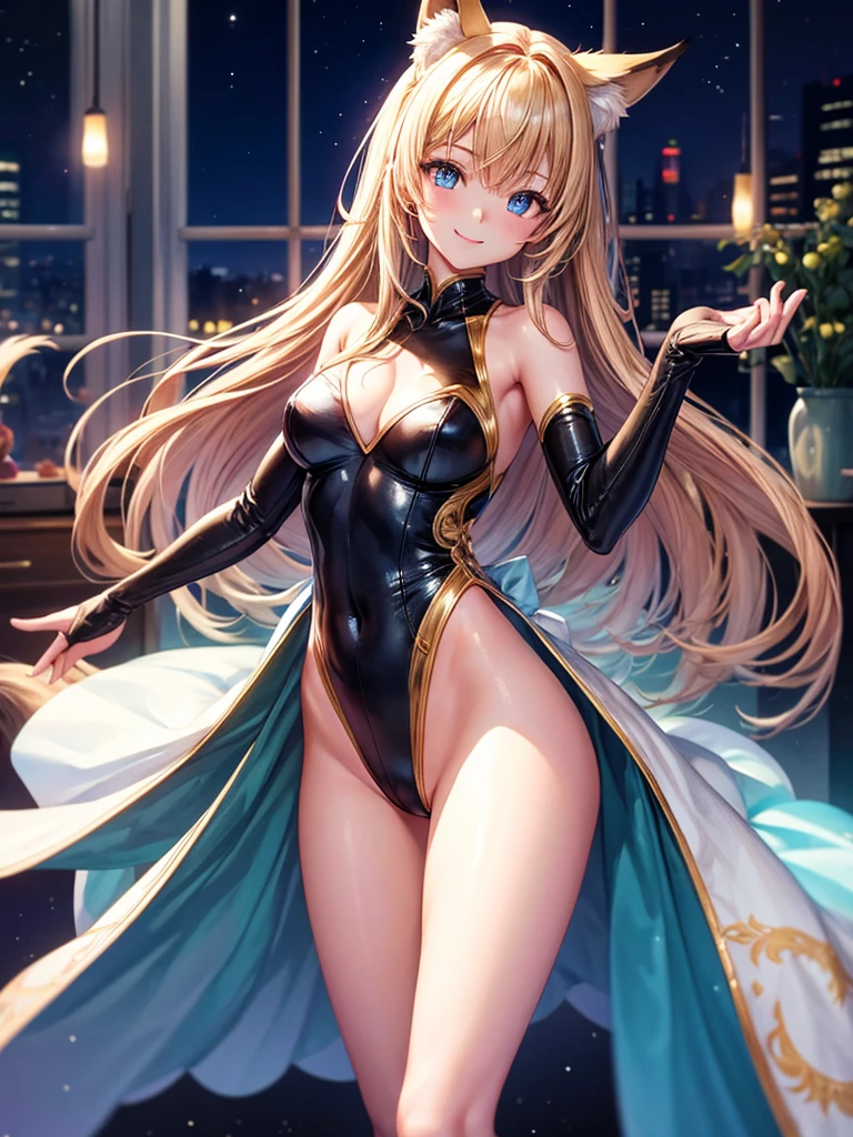 Highest quality,Highest Resolution,Smiling beautiful girl in fox leotard,High leg,Very beautiful eyes,Standing posture,front,Bedroom,Night view outside the window,