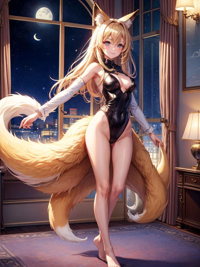 Highest quality,Highest Resolution,Smiling beautiful girl in fox leotard,High leg,Very beautiful eyes,Standing posture,front,Bedroom,Night view outside the window,
