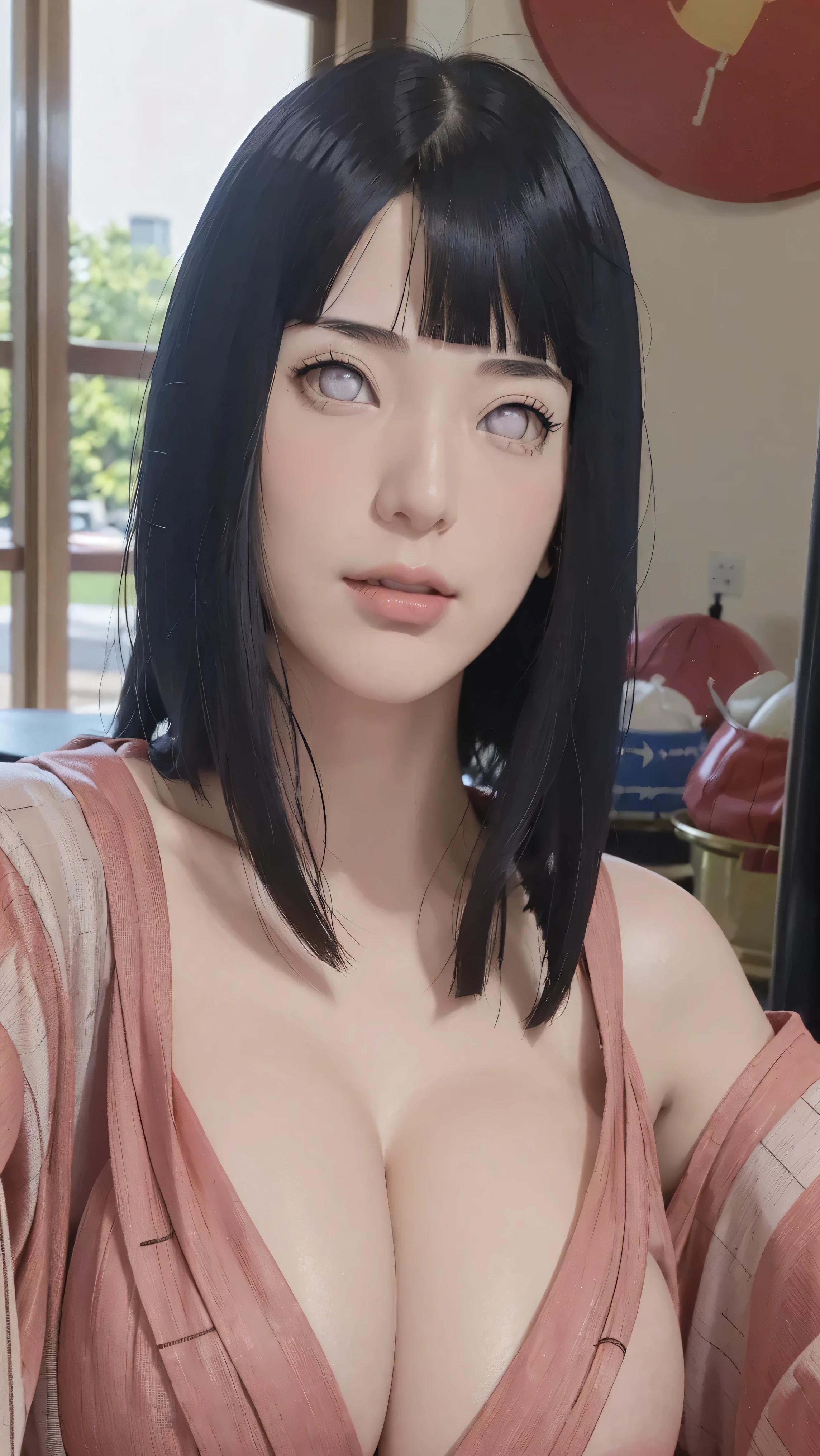 masterpiece, hinata\(boruto\), 1girl, mature women, (((Red kimono with spaghetti strap top))), (((Close-up photo))), (((Selfie))), (((Closed Clothing))), (((cleavage))), (((big breasts))), (((big round breasts))), (((round breasts))), (((extremely heavy breasts))), (((Colossal tits))), (((heavy breasts))), (((plump breasts))), (((super round breasts))), (((very round breasts))), (((perfect breasts))), (shy face), detailed lips, beautiful face, blush, (pink lips), (((long hair))), white eyes, gentle gaze, smile, super realistic, detailed, realistic face and body, realistic hair, realistic eyes, realistic nose, realistic lips, seductive pose, (((straight bangs))), (dark blue hair), 28 year old girl