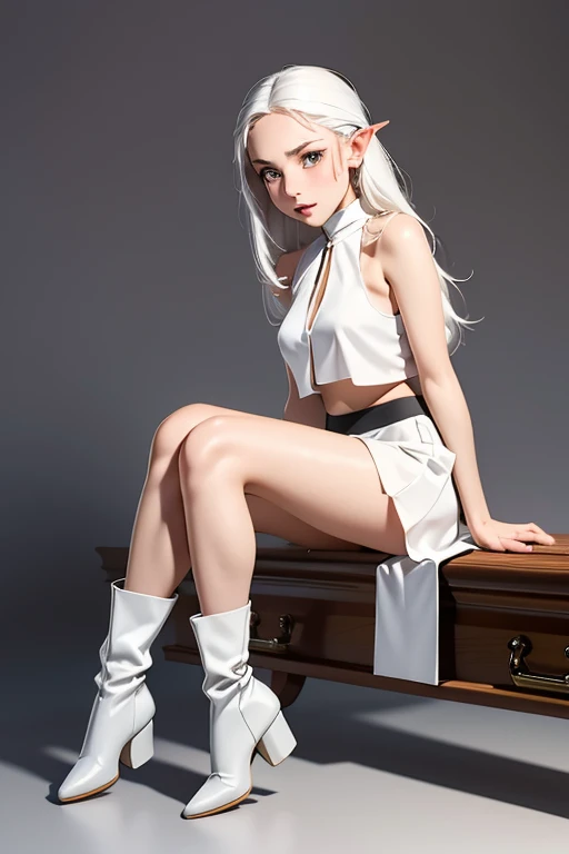 Highest quality High resolution Simple Funeral Freelen A cute girl cosplaying as Frielen White Hair Pointed Ears White shiny outfit mini skirt boots head to feet