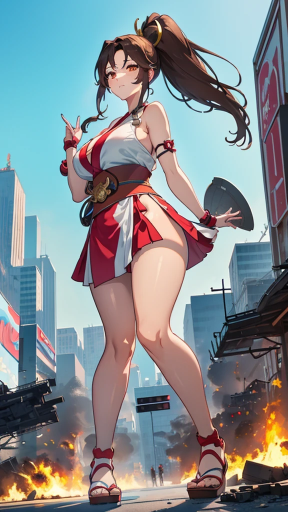 Anime Style　Beauty　masterpiece　Unreal Engine　Big Tits　Huge breasts　Precision　Cute Girls　giant girl　(Mai Shiranui from a high rise building))　Brown hair ponytail　((A view from the sky)) 　Chinese cities　Hong Kong style　Big fire　fire　Explosion burst into flames　Cleavage　((Destroyed city in flames)) ((Fire)) ((Destroyed buildings)) ((Destroyed cars)) ((Pile of rubble))  90's Giant Girl on the Road in the Big City Uniform Skirt ((Dim cloudy sky)) Female Giant huge girl full body Destroyed skyscrapers, destroyed cars, crowd Unreal Engine,