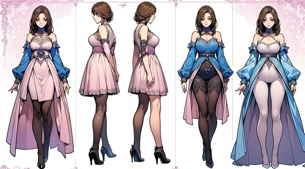 ((masterpiece, Highest quality)), Detailed face, Character design sheet,Full Body Lesbian, Perfect Proportions,Full of details, Various poses and expressions, Very detailed, depth, Many parts,Beautiful teenage girl,suit,Lace pantyhose,Pale pink eyeagnificent and elaborate character art,Natural light
