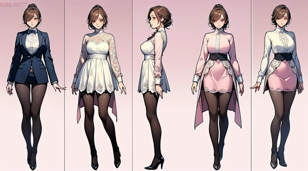 ((masterpiece, Highest quality)), Detailed face, Character design sheet，Full Body Lesbian, Perfect Proportions，Full of details, Various poses and expressions, Very detailed, depth, Many parts，Beautiful teenage girl，suit，Lace pantyhose，Pale pink eyeagnificent and elaborate character art，Natural light