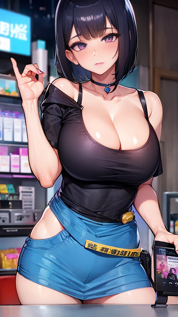 Girl with short black hair, bangs, Blue inner hair:1.25) , Purple eyes, avert your eyes, Blushing, Embarrassing, indoor, market, cash register, Oversized off-the-shoulder T-shirt, wet, Center of chest, Nighttime atmosphere, (((Big cleavage))), Upper Body, concentrated, Blurred Background, convenience store customer, A girl places condoms and lotions on the cash register to pay、Flashy makeup, (garu fashion:1.2)