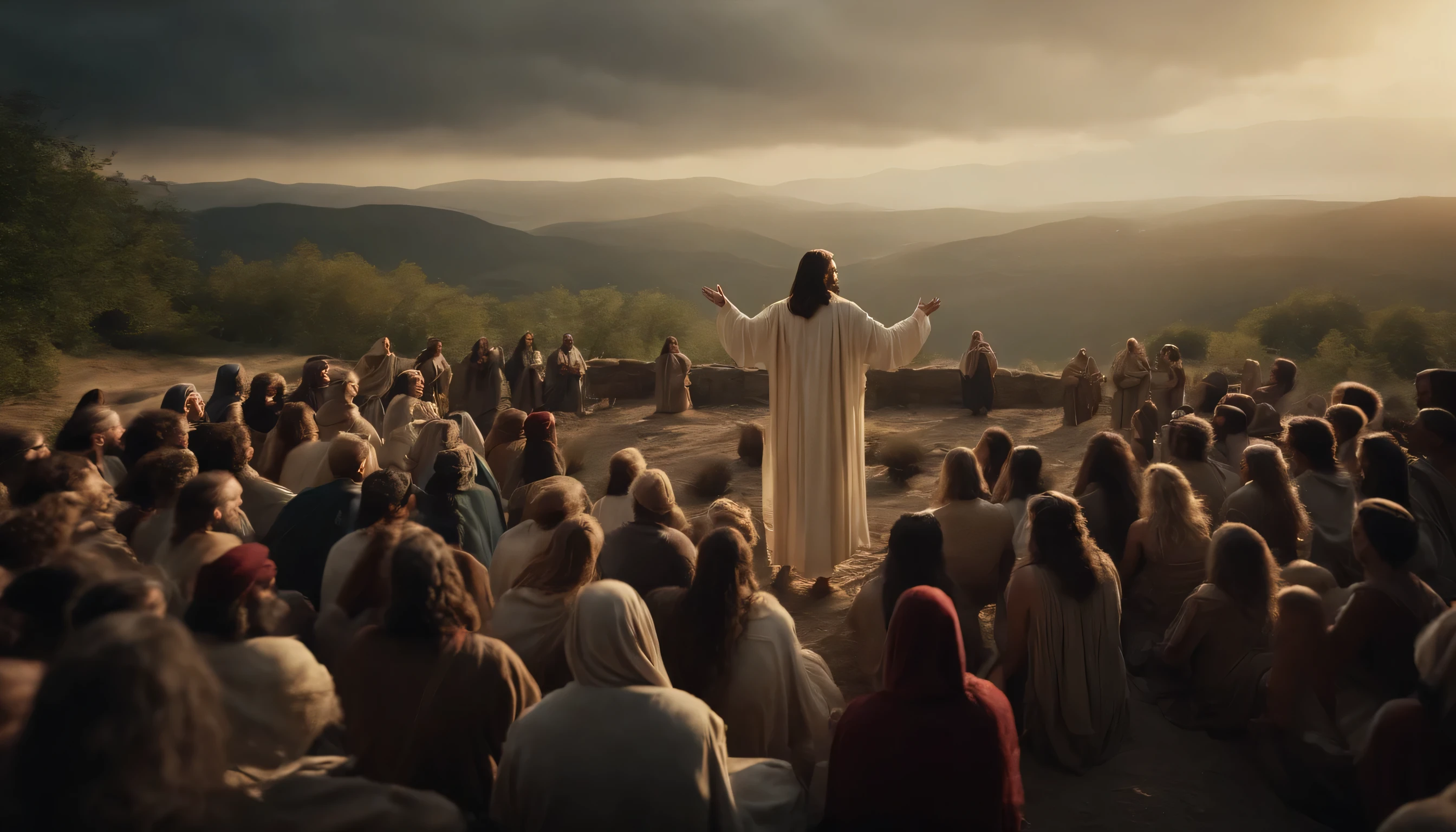 Jesus Christ speaking to a crowd, Ils sont sur la colline