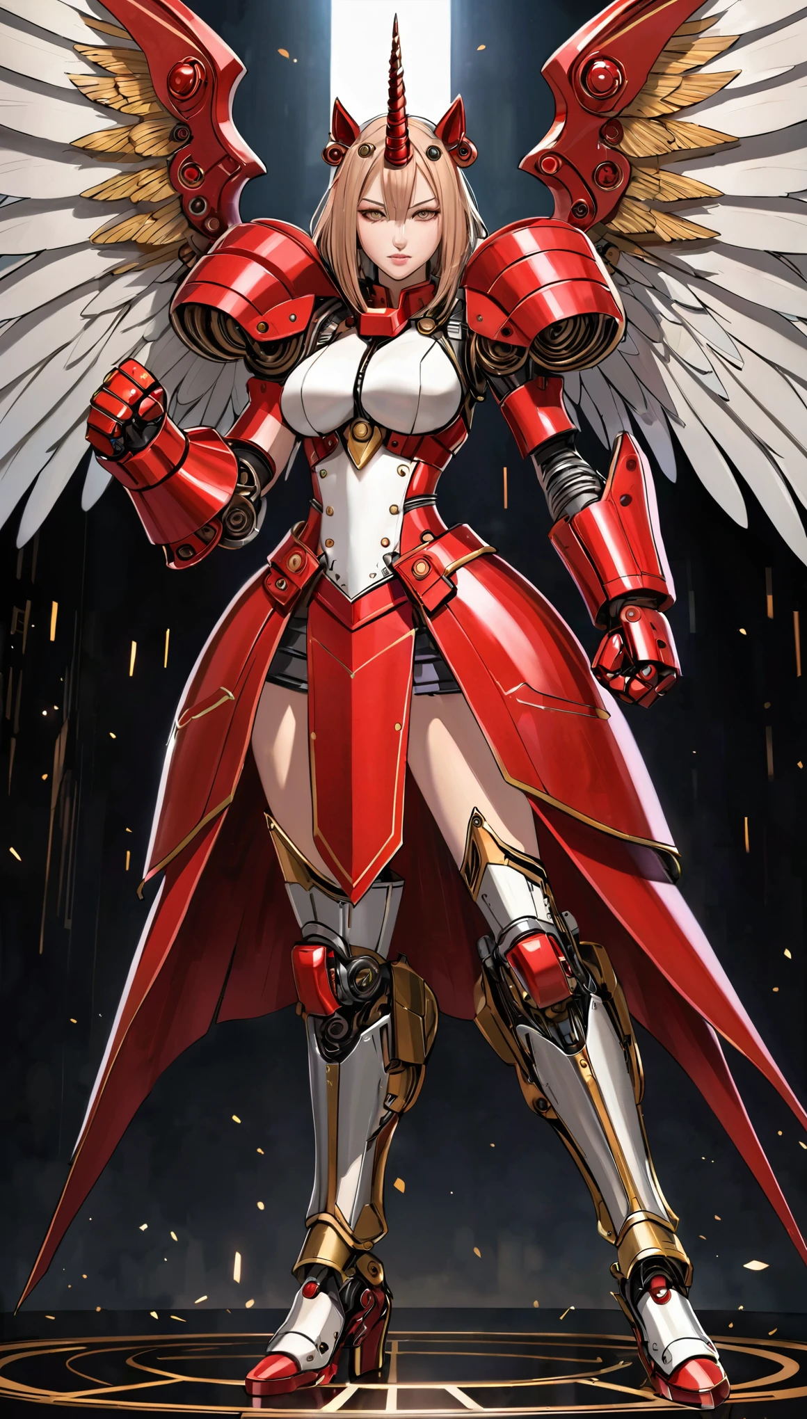 unicorn horn,metal spiral sharp corners,in style of Santiago Caruso,
huge mechanical angel wings,mechanical_halo,1 girl,mechanical wrist,mechanical skirt with pleated skirt,(huge makeover mechanical fists:1.5),
the fist flashed red,(bold,smooth,elegant,curvaceoous,precise:1.2)