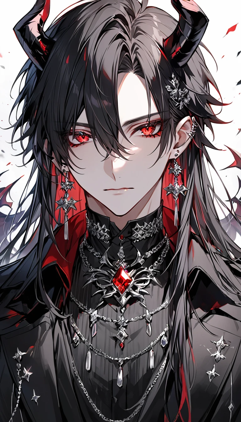 alone, good looking, 1 male, Long hair, Middle parted hair, Black hair, Red eyes, Black shirt, White Thailand, Black Trench Coat, Royal Silver Jewellery, Royal Demon Earrings, Black horns, Front Facing, Vtuber Front Facing Camera