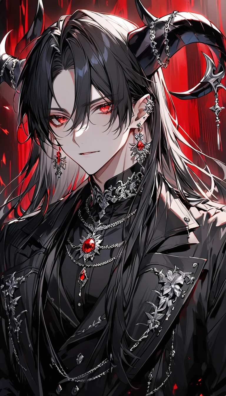 alone, good looking, 1 male, Long hair, Middle parted hair, Black hair, Red eyes, Black shirt, White Thailand, Black Trench Coat, Royal Silver Jewellery, Royal Demon Earrings, Black horns, Front Facing, Vtuber Front Facing Camera
