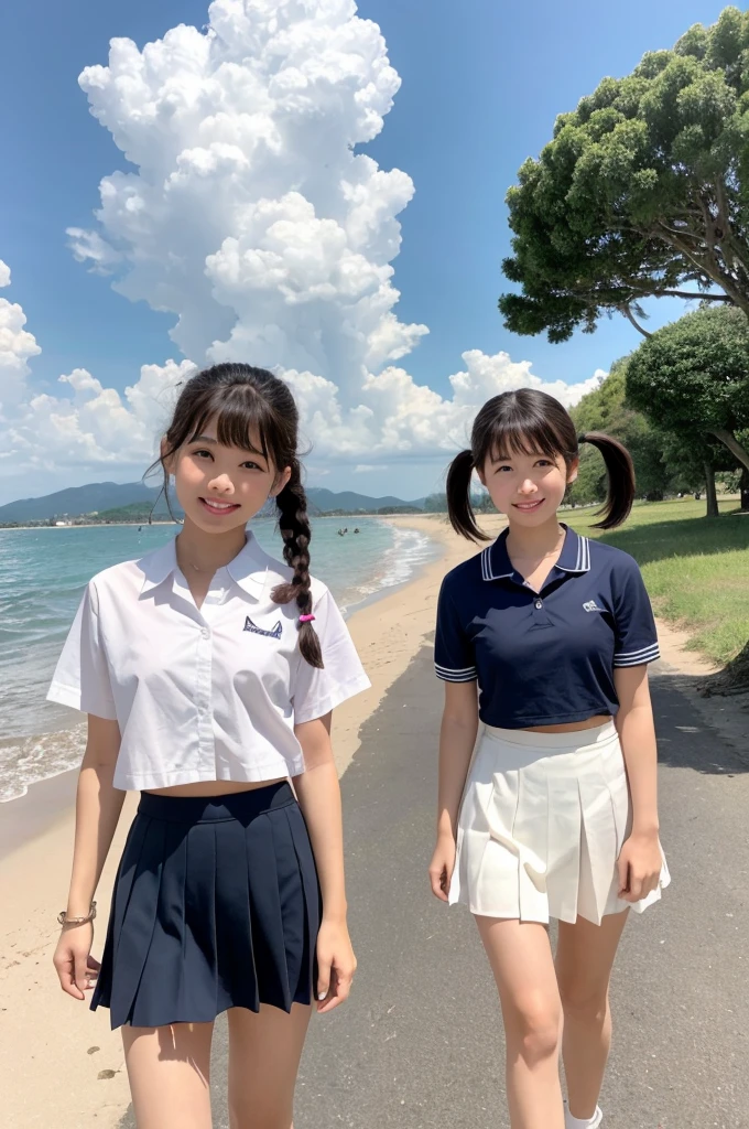 2 girls walking in rural beach,cumulonimbus cloud in summer sky,sailor shirt,navy blue pleated micro mini skirt,white thong,18-year-old,bangs,a little smile,thighs,knees,short hair with low pigtails bunches,from below,front light